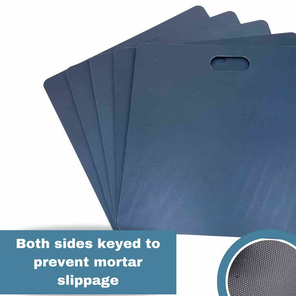 a selection of black mortar boards with a close up section of the keyed surface which helps with preventing mortar sliding off.