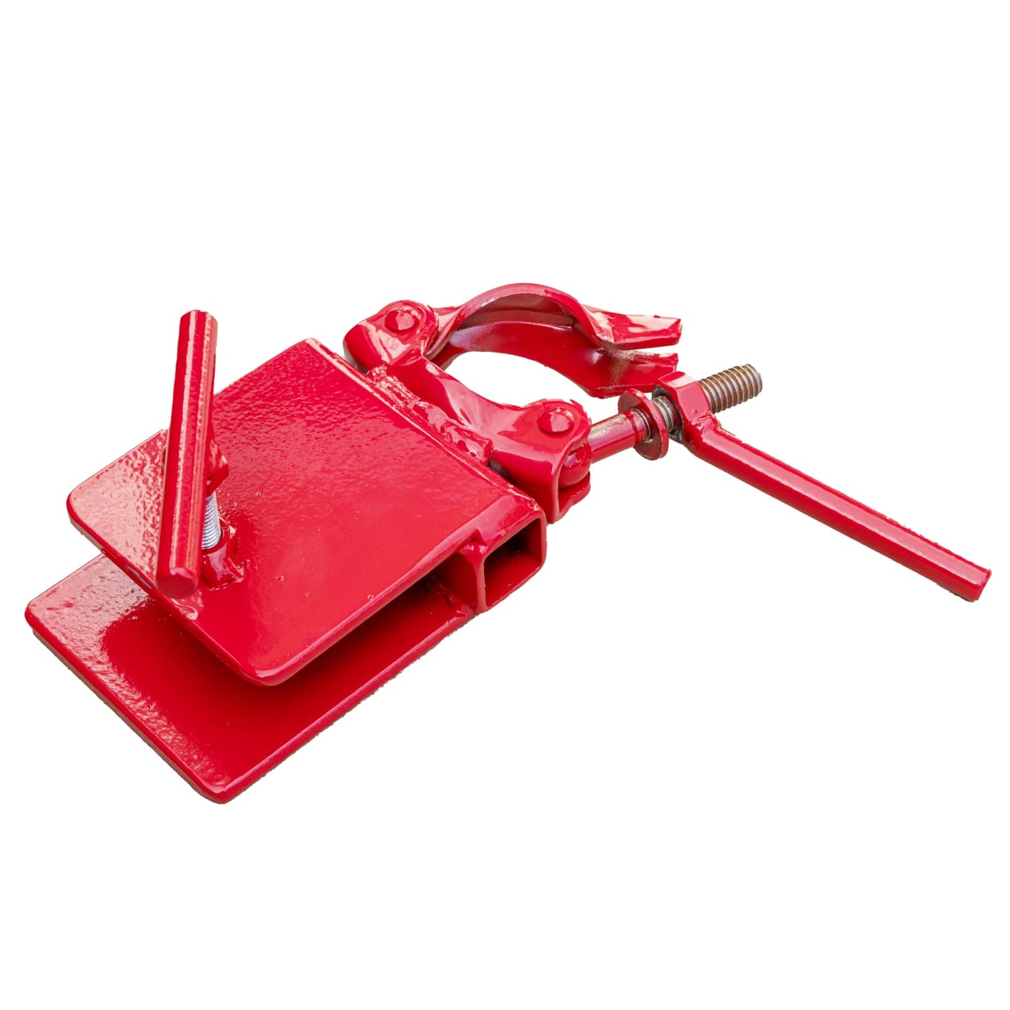 Red metal clamp on a white background