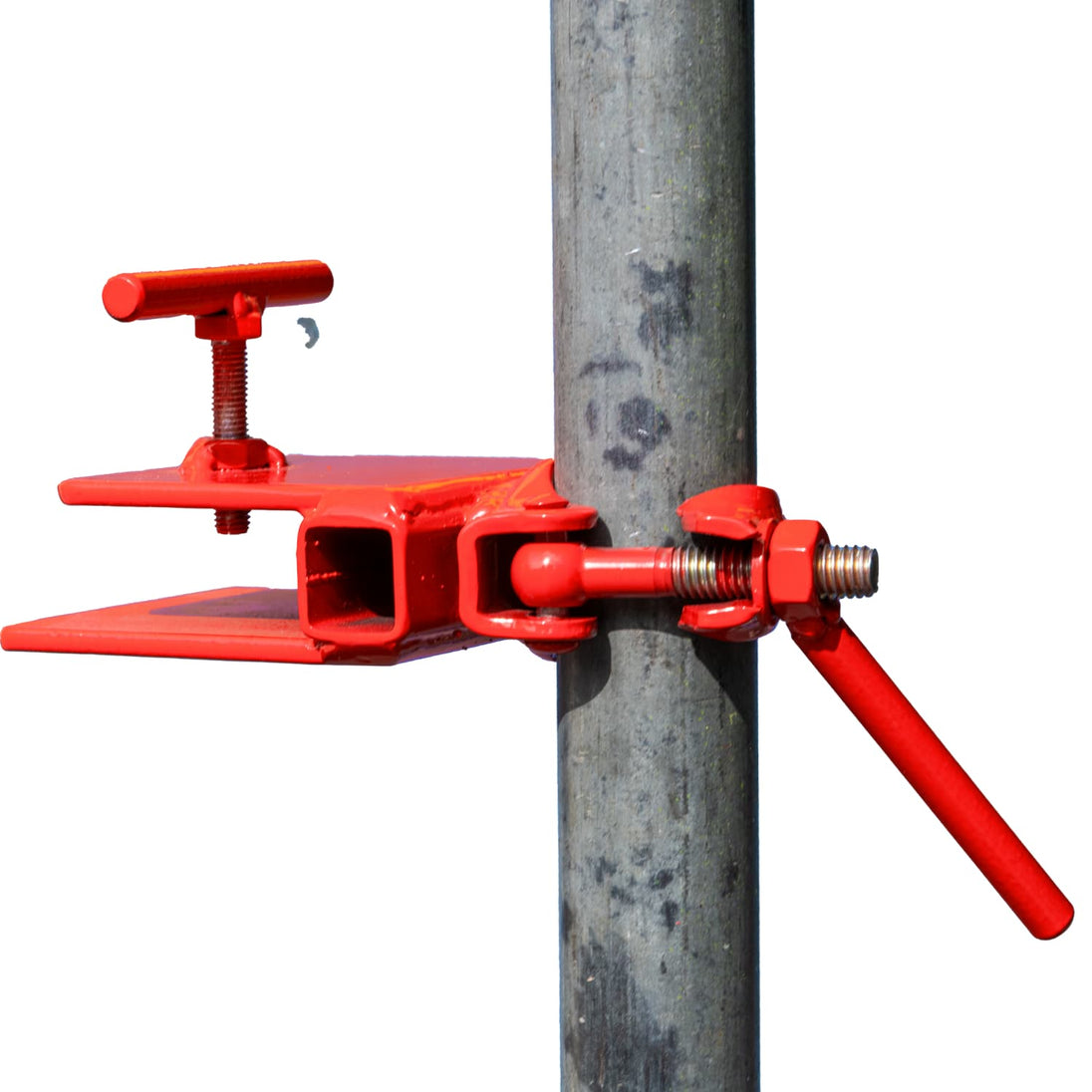 Red clamp tool attached to a metal pole on a white background