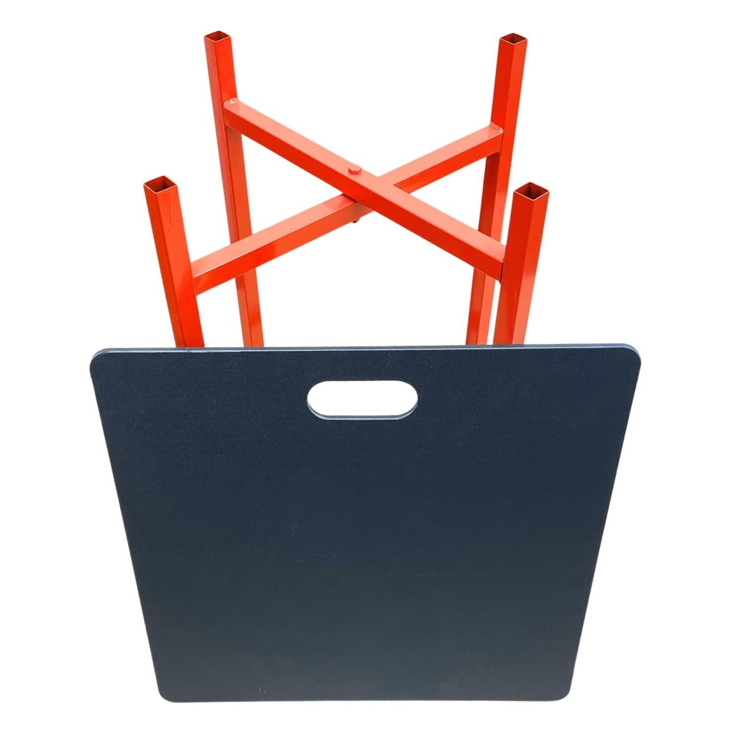 A red mortar board stand and a black mortar board table. used on site by builders and bricklayers to hold mortar whilst they apply this to a a wall