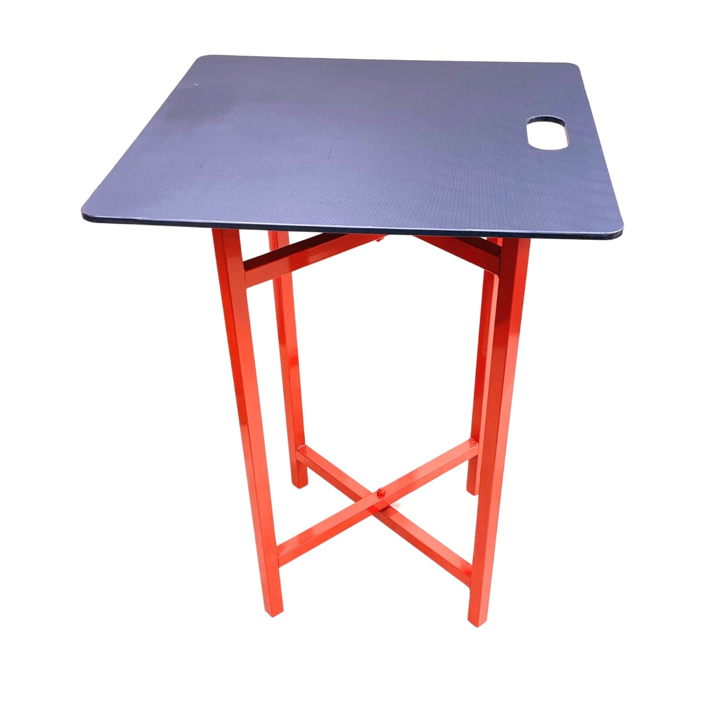 A red mortar board stand with a black mortar table on top featuring a handle for easy holding