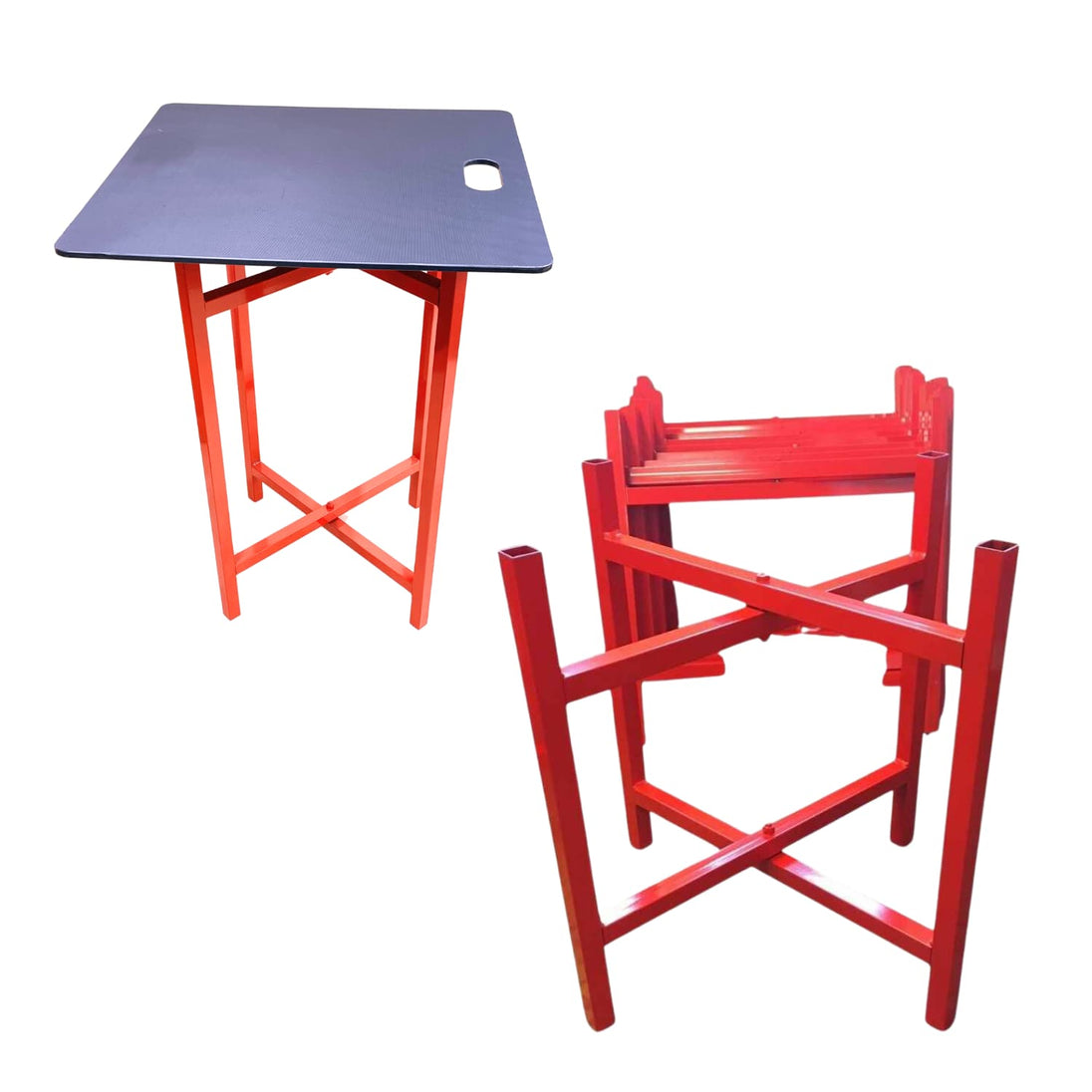 Red metal mortar stands with a black board
