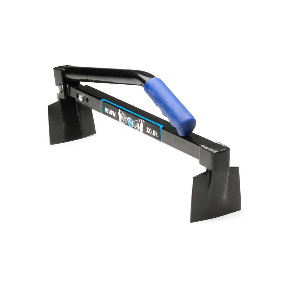 Black metal brick lifting tool with blue handle to allow secure lifting of bricks.