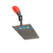 Trowel with red handle and metal blade on a white background