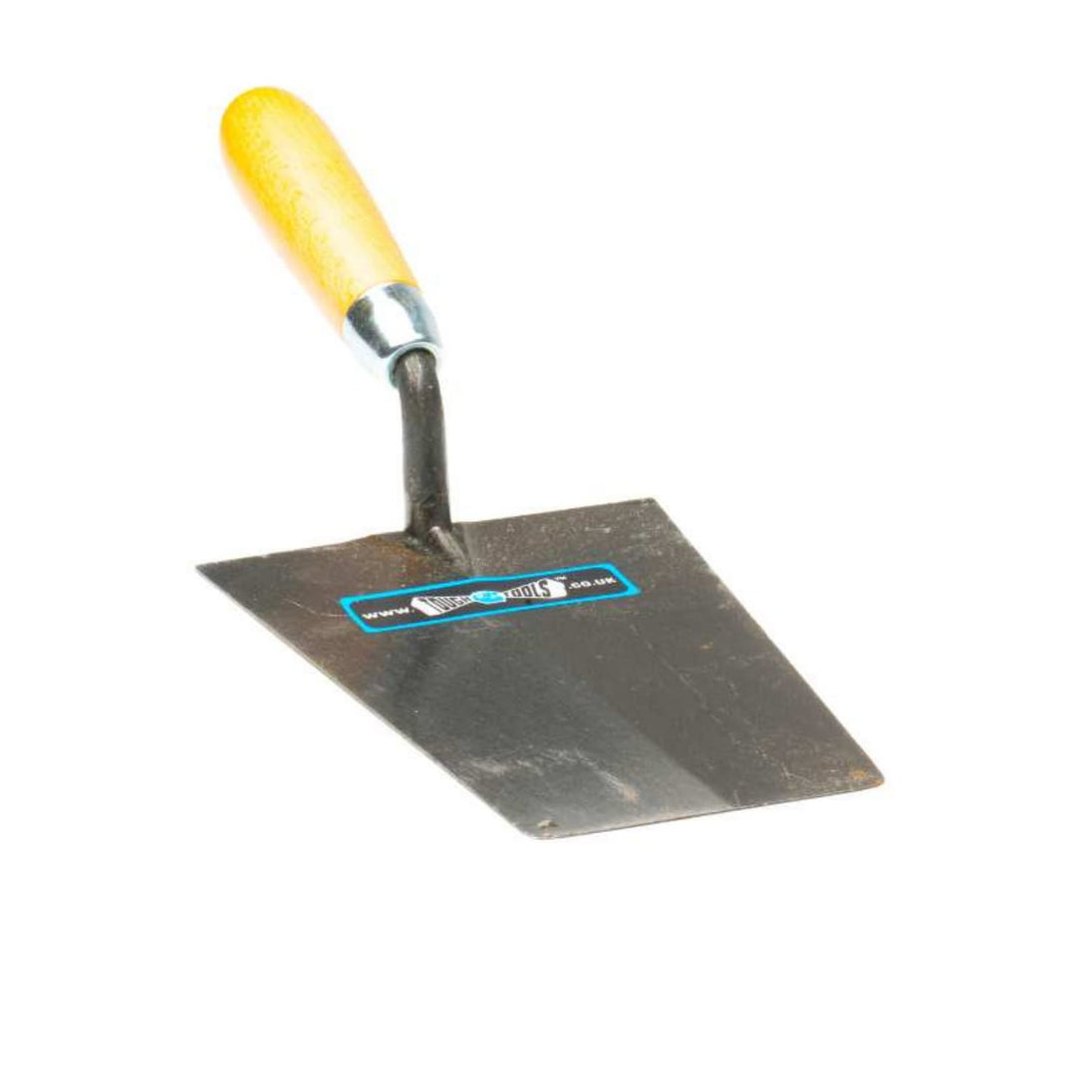 Metal trowel with yellow handle on a white background