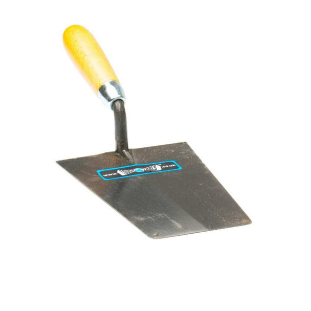 Metal trowel with yellow handle on a white background