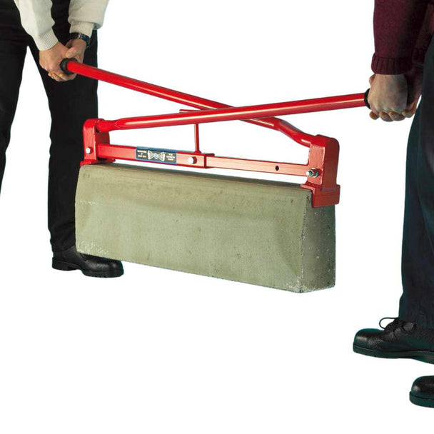 red metal lifting tool with two handles to allow two people to safely lift kerb stones