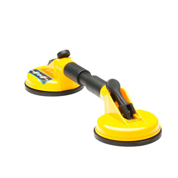 Yellow glass suction lifting tool with a handle and two suction cups