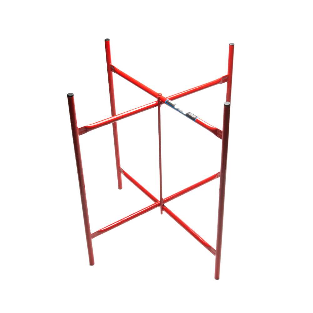 Red metal stand for a mixing board top.
