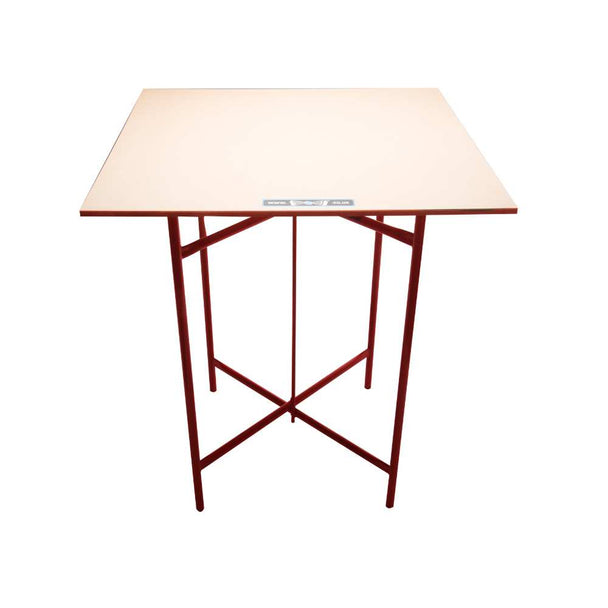 Red metal plasterers stand with wooden board top