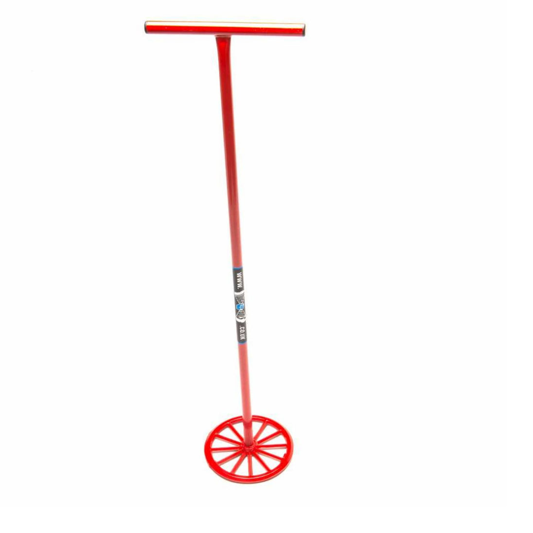 Red metal mixing wheel with long tall handle