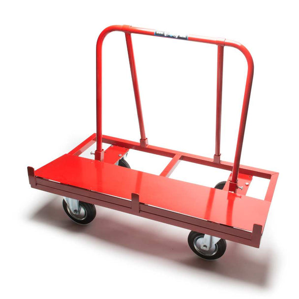 Red metal trolley with 4 wheels that allows carrying of plasterboards.
