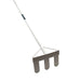 plastering rake made in metal with a white handle.