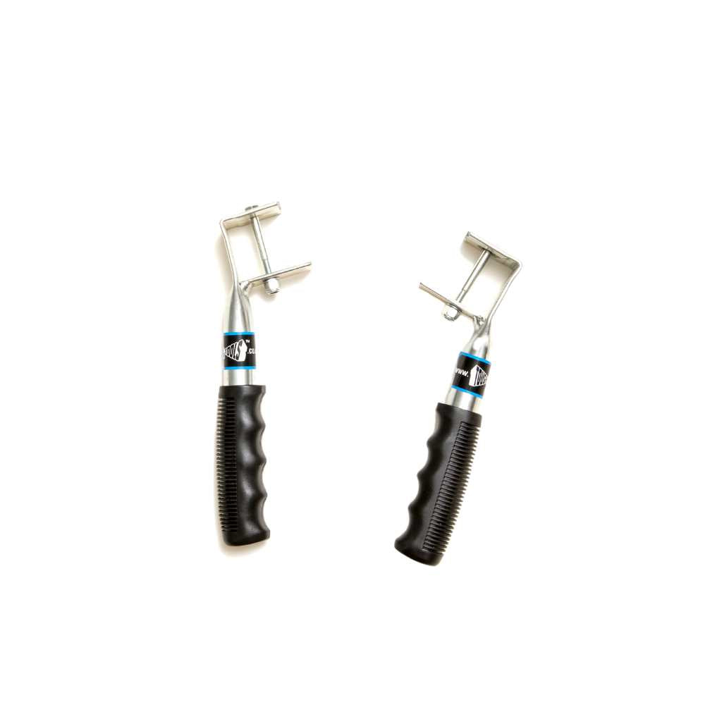Pair of metal handles that are used to connect to a steel level to allow manual handling of long sections for levelling.