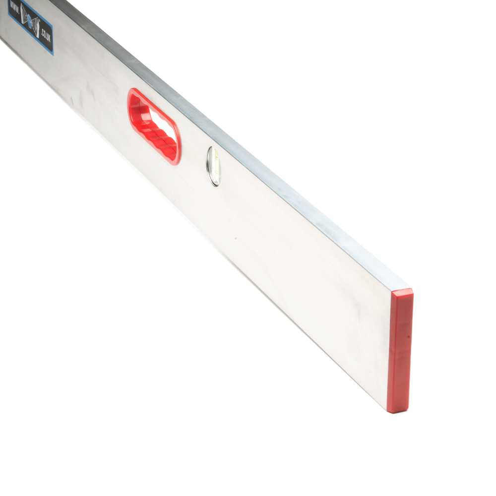 long steel section with red rubber handle and end inserts. This has a measuring vial to allow checking the levels of plaster.