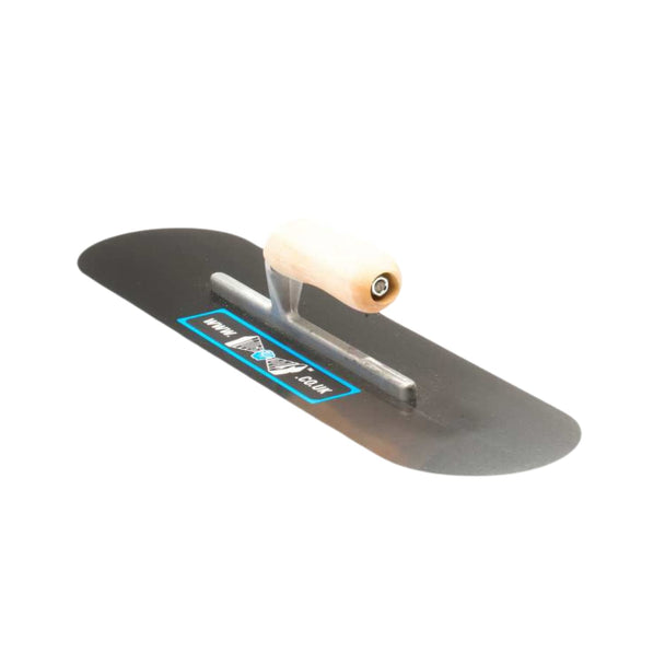 Construction trowel with a black blade and wooden handle on a white background