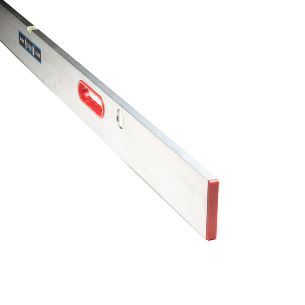 long steel section with red rubber handle and end inserts. This has a measuring vial to allow checking the levels of plaster.
