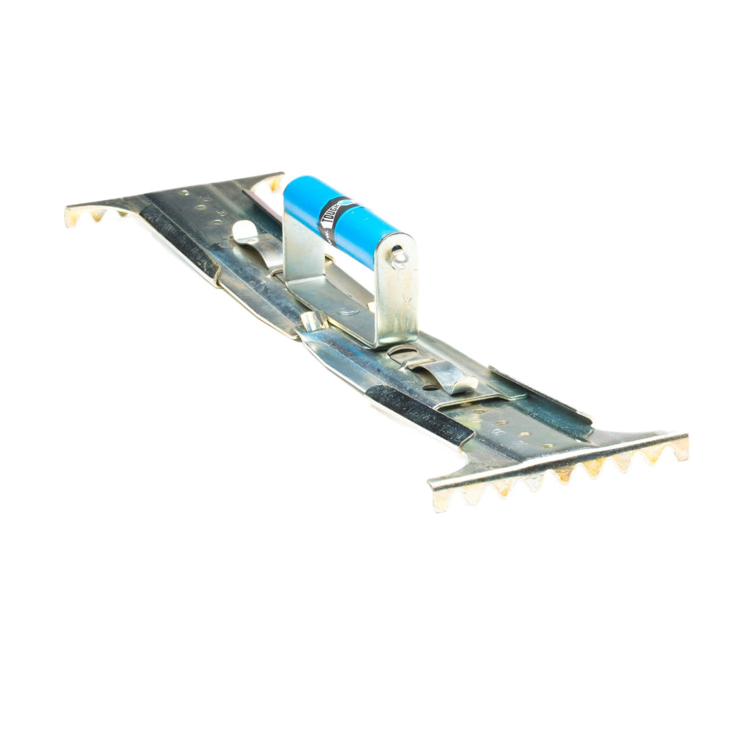 Metal trowel with blue handle on a white background