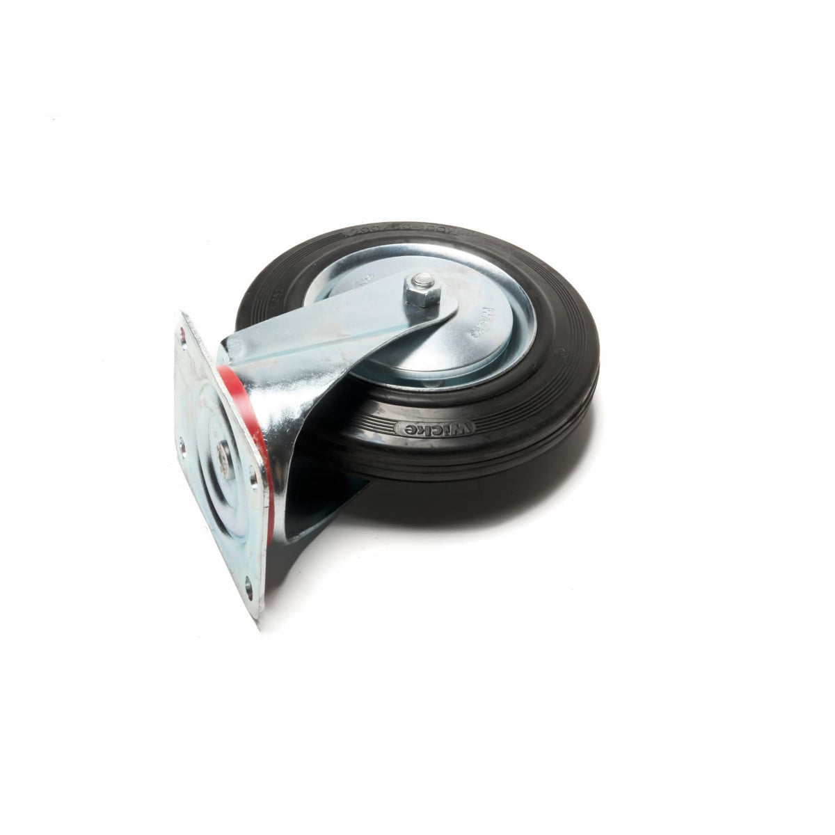 Single caster wheel with black tire and metal base on a white background