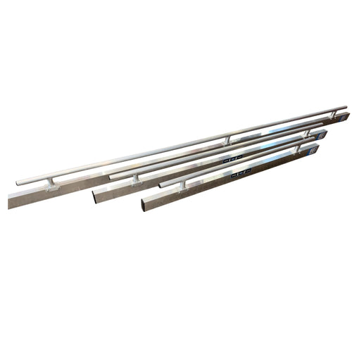 three metal long tools in different lengths with handrail on top.