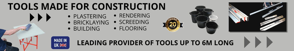 Grey shop banner showing straight edge tools, buckets and a mortar table
