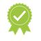 Green badge with a check mark on a white background