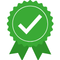 Green badge with a check mark on a white background