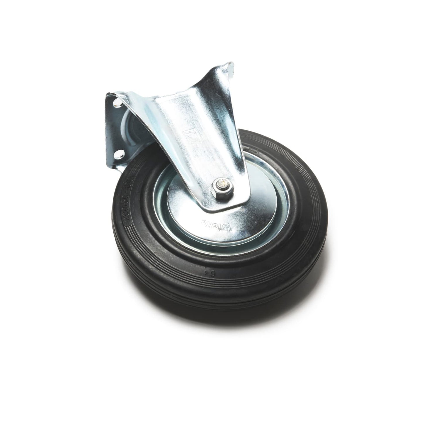 Black rubber wheel with metal axle on a white background