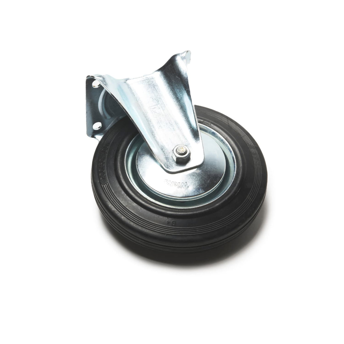 Black rubber wheel with metal axle on a white background