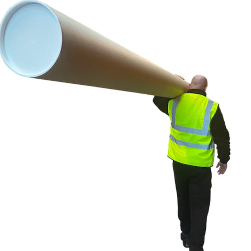 Person in a high-visibility vest holding a large cylindrical object on a white background