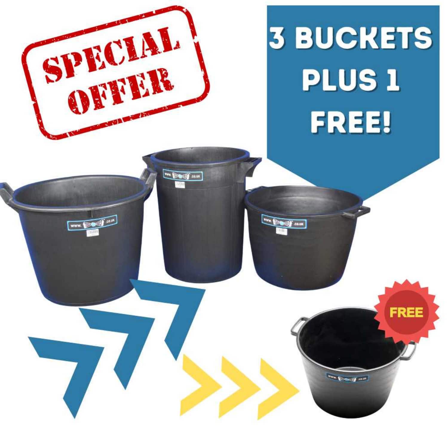 Three black buckets with a free fourth bucket on a white background, featuring promotional text.