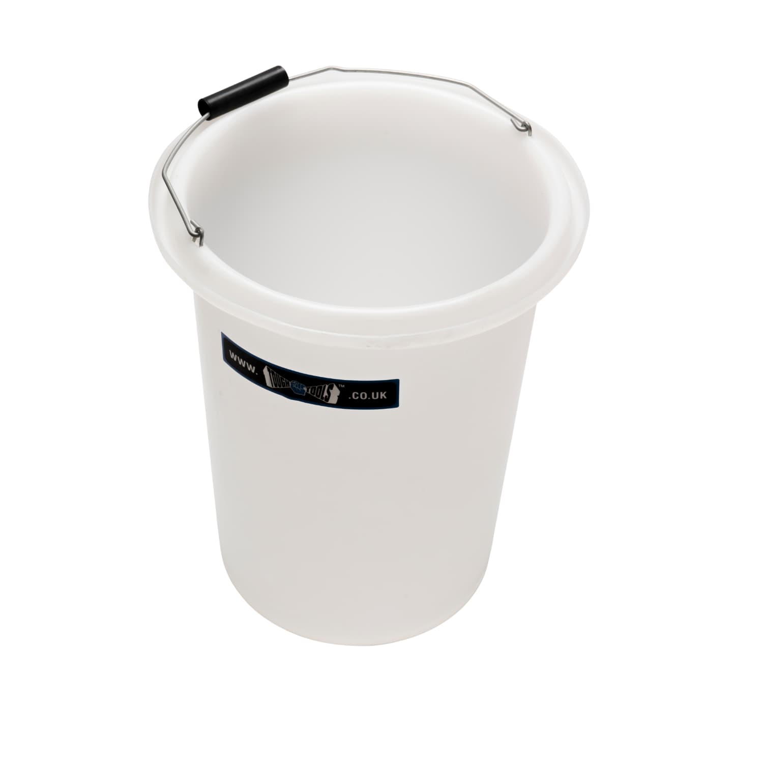 White bucket with a black handle on a white background