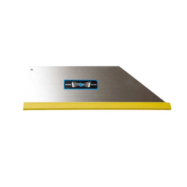 Metal surface with a yellow edge and a blue label on a white background