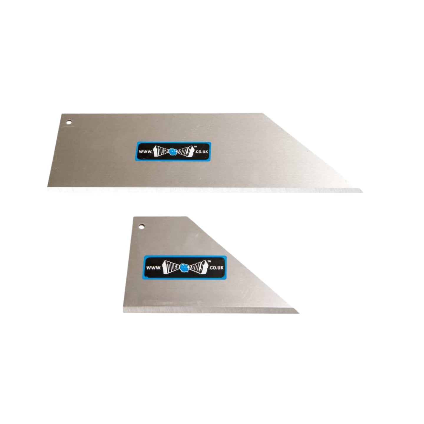 Two metal scraper blades with brand labels on a white background