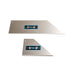 Two metal scraper blades with brand labels on a white background