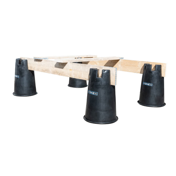 black buckets with notches to cut out to hold scaffold boards to use as a tower