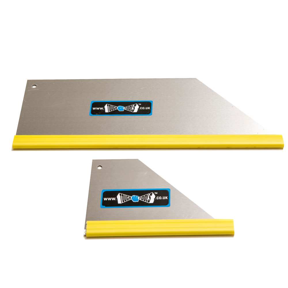 two metal plasterers joint rules with yellow trim