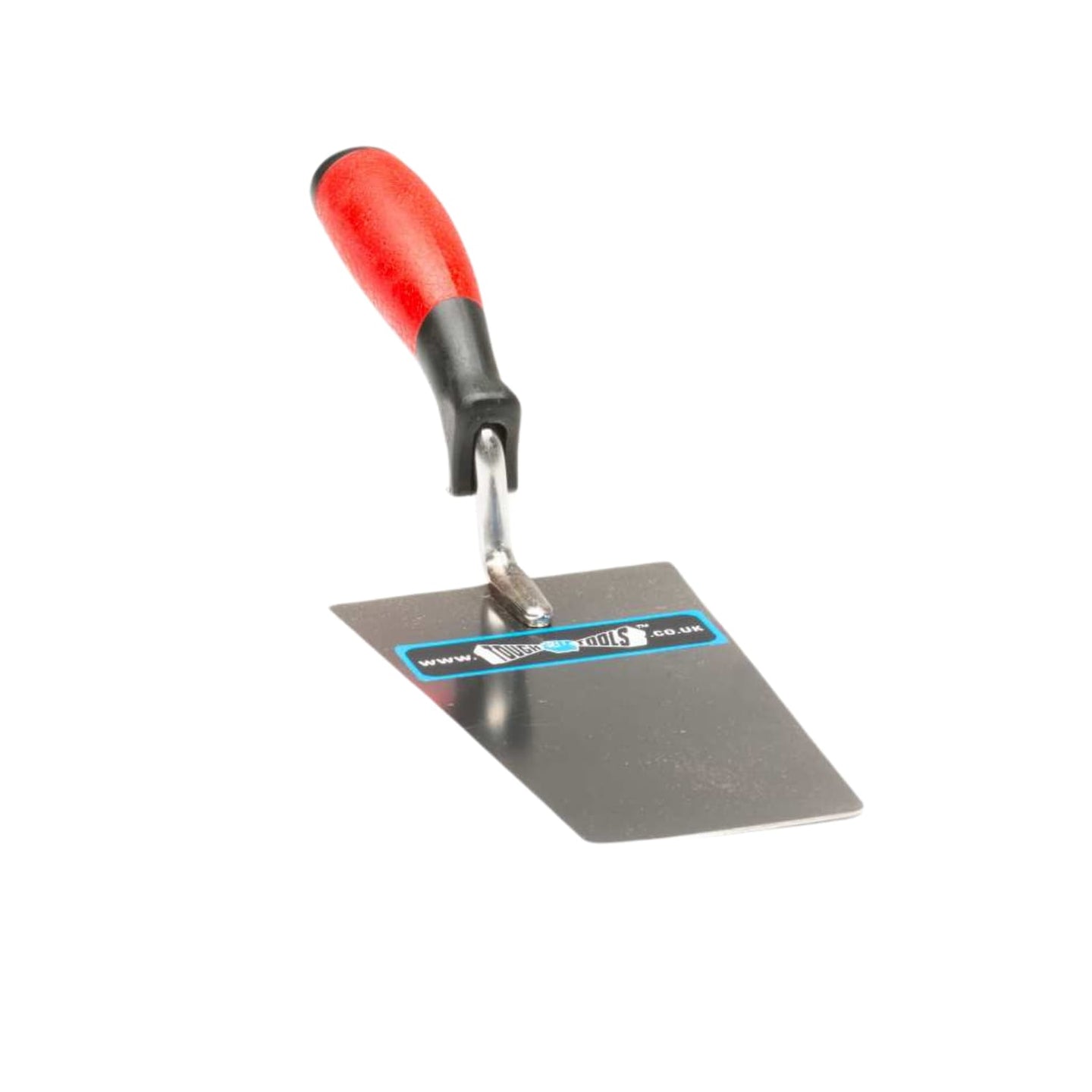 Trowel with red handle and metal blade on a white background